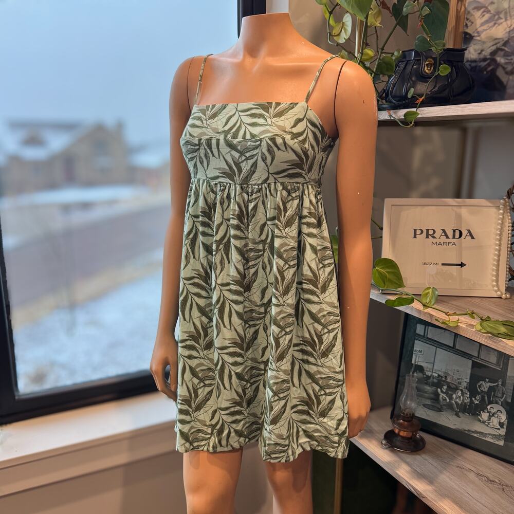 NWT Francesca's Deborah Palm Print Bow Back Mini Dress Olive Green/Cream - Small